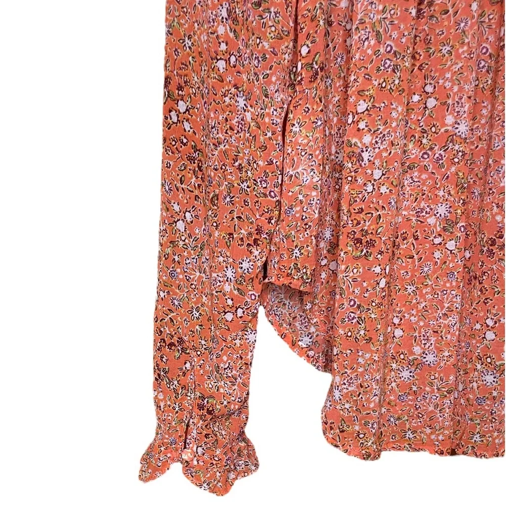 Free People Orange Floral blouse button down with tie Small EUC - Picture 3 of 5